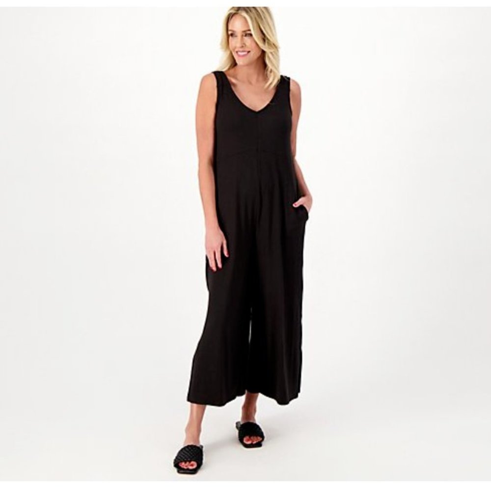 Cuddl Duds Jumpsuit Wide Leg Flexwear V Neck Black A587648